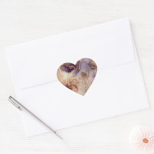 Elegant Purple and Gold Agate Wedding Favor  Heart Sticker (Envelope)