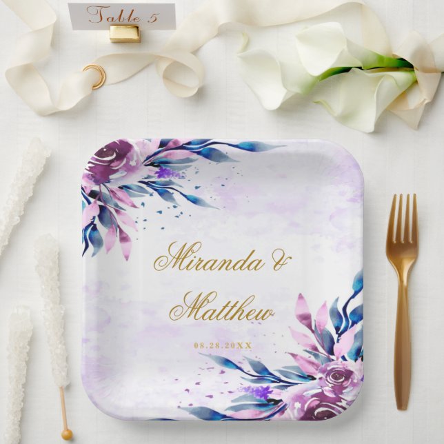 Elegant Purple and Gold Botanical Peonies Wedding Paper Plate (Wedding)