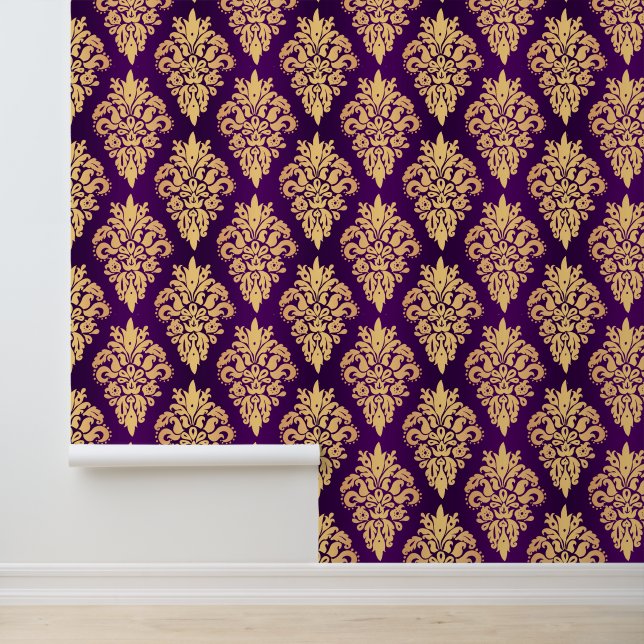 Elegant Purple and Gold Classic Damask Wallpaper (Application)