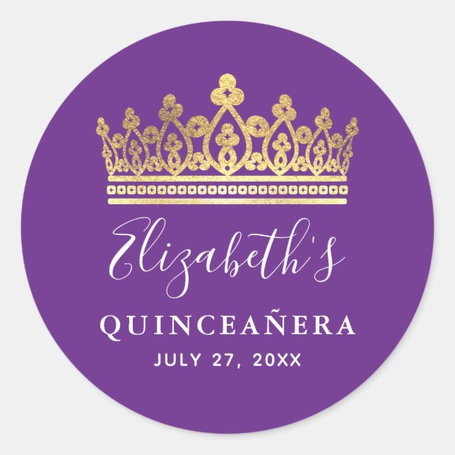 Elegant Purple and Gold Crown Classic Round Sticker (Front)