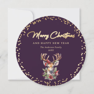 Elegant Purple and Gold Deer Merry Christmas Holiday Card