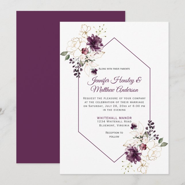 Elegant Purple and Gold Floral Framed Wedding Invitation (Front/Back)