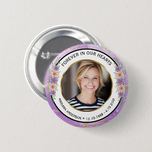 Elegant Purple and Gold Floral Memorial Photo 6 Cm Round Badge