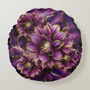 Elegant Purple and Gold Floral Pattern  Round Cushion