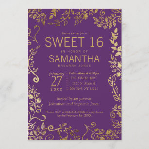 Elegant Purple and Gold Floral Sweet 16 Invite