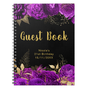 Elegant Purple and Gold Flower Birthday Guest Book
