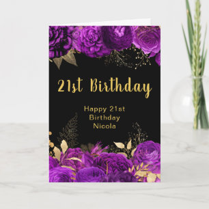 Elegant Purple and Gold Flowers Birthday Card