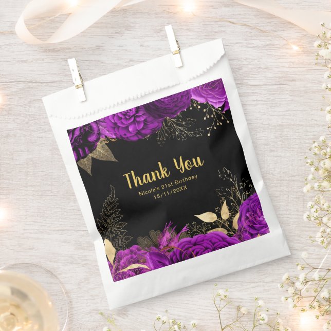 Elegant Purple and Gold Flowers Birthday Party Favour Bags (Clipped)