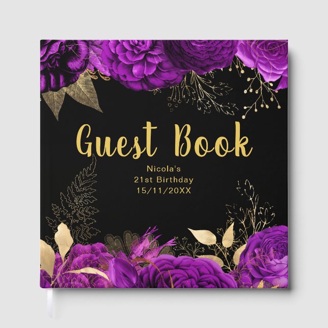 Elegant Purple and Gold Flowers Birthday Party Guest Book (Front)
