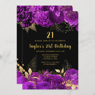 Elegant Purple and Gold Flowers Birthday Party Invitation