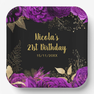 Elegant Purple and Gold Flowers Birthday Party Paper Plate