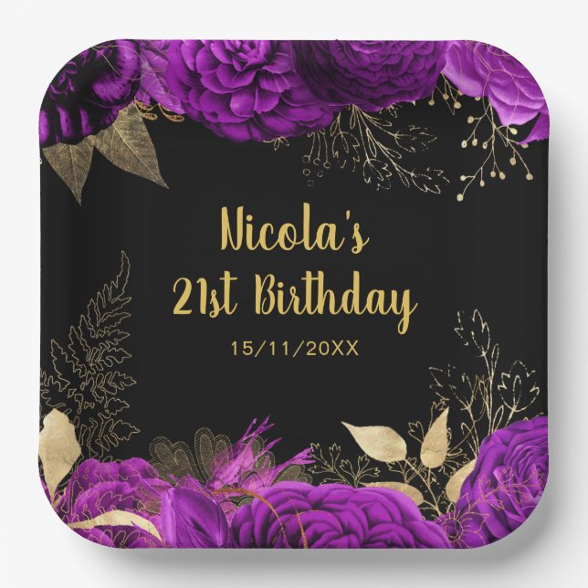 Elegant Purple and Gold Flowers Birthday Party Paper Plate (Front)