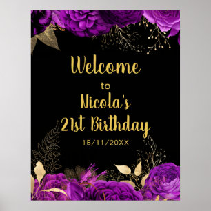 Elegant Purple and Gold Flowers Birthday Party  Poster