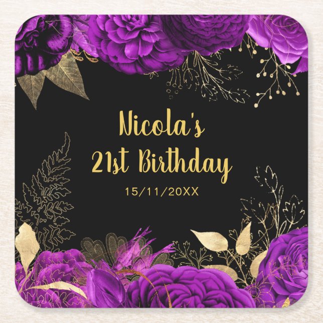 Elegant Purple and Gold Flowers Birthday Party  Square Paper Coaster (Front)