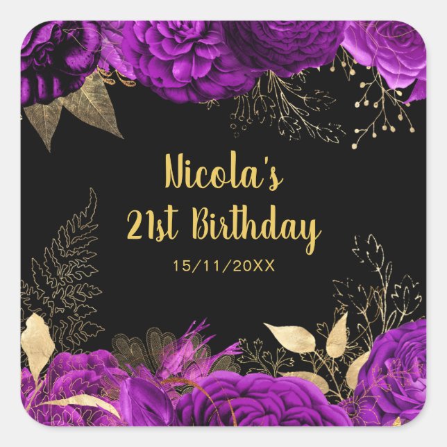 Elegant Purple and Gold Flowers Birthday Party Square Sticker (Front)