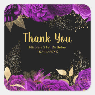 Elegant Purple and Gold Flowers Birthday Party Square Sticker