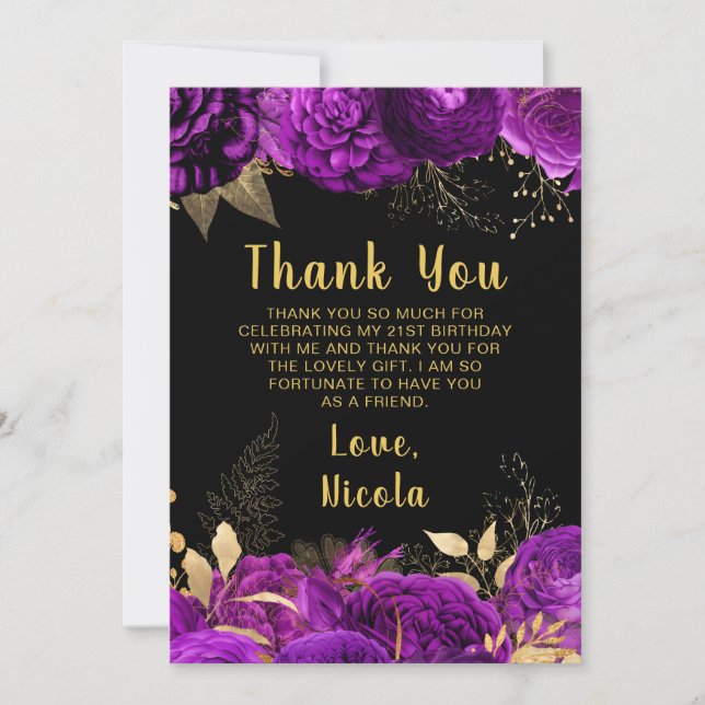 Elegant Purple and Gold Flowers Birthday Party Thank You Card (Front)