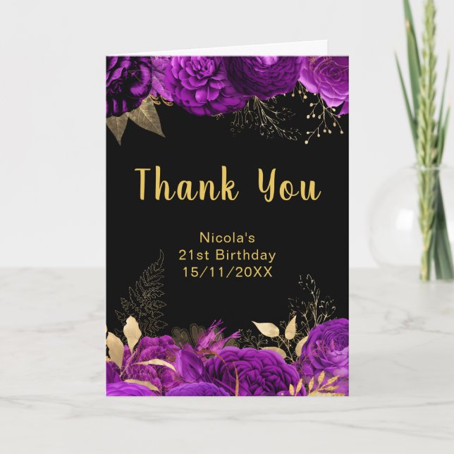Elegant Purple and Gold Flowers Birthday Party Thank You Card (Front)