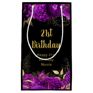 Elegant Purple and Gold Flowers Birthday Small Gift Bag