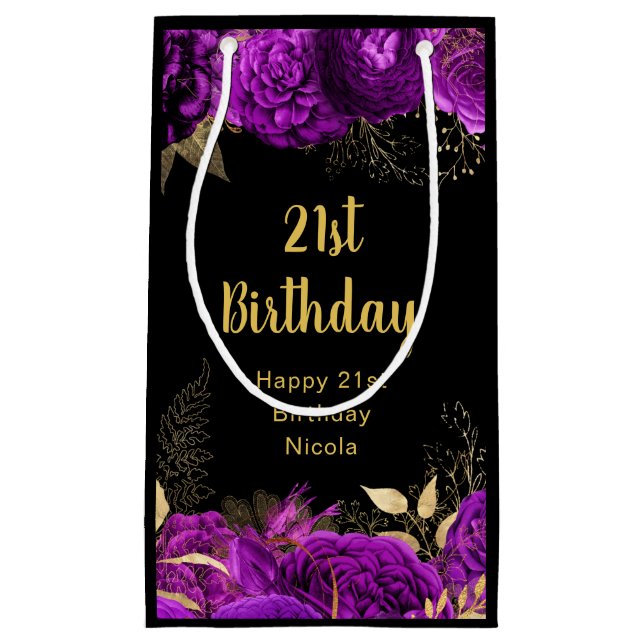 Elegant Purple and Gold Flowers Birthday Small Gift Bag (Front)