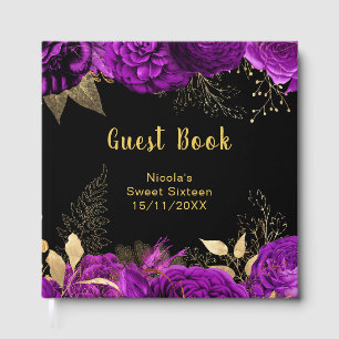 Elegant Purple and Gold Flowers Sweet Sixteen Guest Book