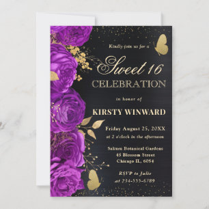 Elegant Purple and Gold Flowers Sweet Sixteen Invitation
