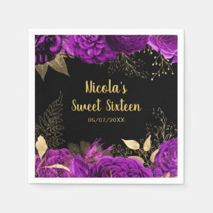 Elegant Purple and Gold Flowers Sweet Sixteen  Napkin