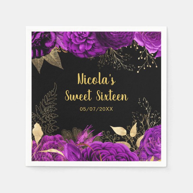 Elegant Purple and Gold Flowers Sweet Sixteen  Napkin (Front)