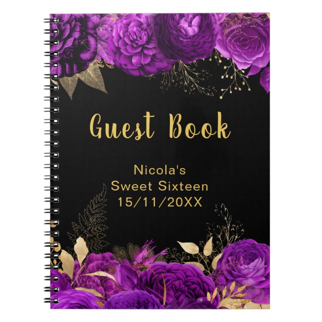 Elegant Purple and Gold Flowers Sweet Sixteen Notebook (Front)