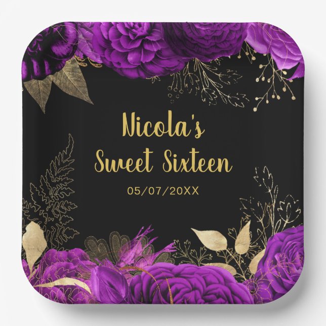 Elegant Purple and Gold Flowers Sweet Sixteen  Paper Plate (Front)
