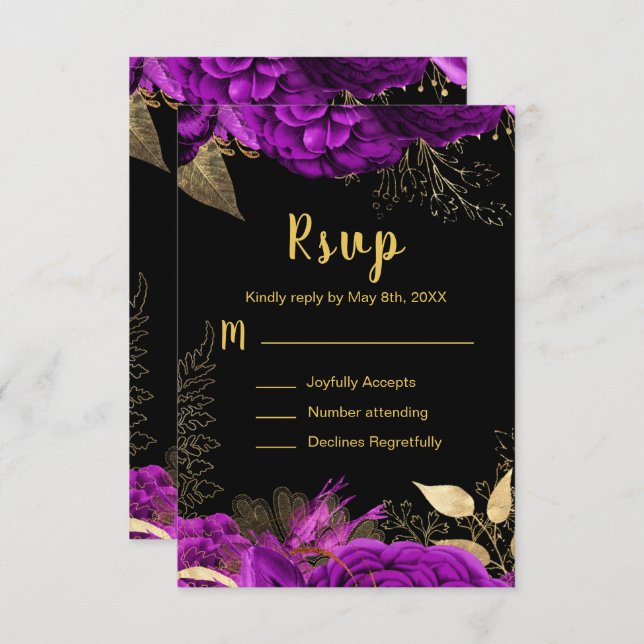 Elegant Purple and Gold Flowers Sweet Sixteen RSVP Card (Front/Back)