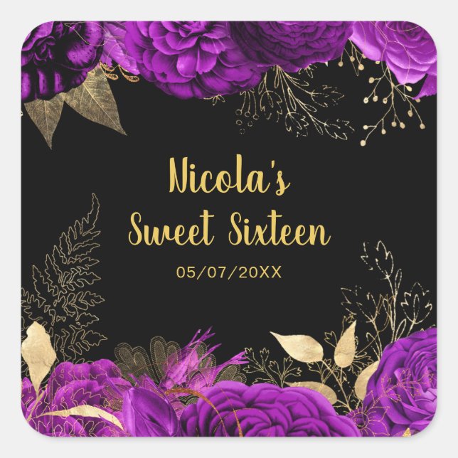 Elegant Purple and Gold Flowers Sweet Sixteen  Square Sticker (Front)