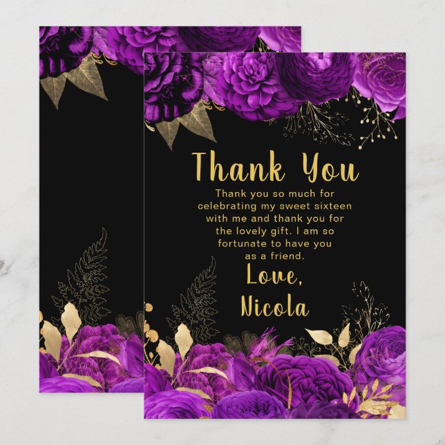 Elegant Purple and Gold Flowers Sweet Sixteen Thank You Card (Front/Back)
