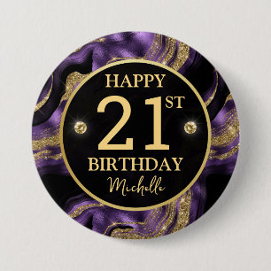 Elegant Purple and Gold Glitter Agate Birthday 7.5 Cm Round Badge