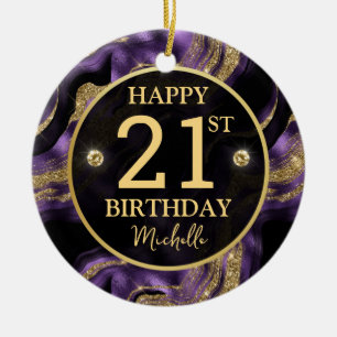 Elegant Purple and Gold Glitter Agate Birthday Ceramic Tree Decoration