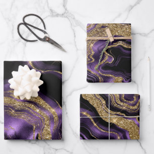 Elegant Purple and Gold Glitter Agate Birthday Wrapping Paper Sheet