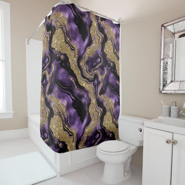 Elegant Purple and Gold Glitter Agate Pattern Shower Curtain (In Situ)
