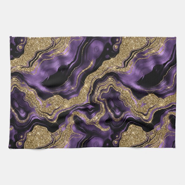 Elegant Purple and Gold Glitter Agate Pattern Tea Towel (Horizontal)
