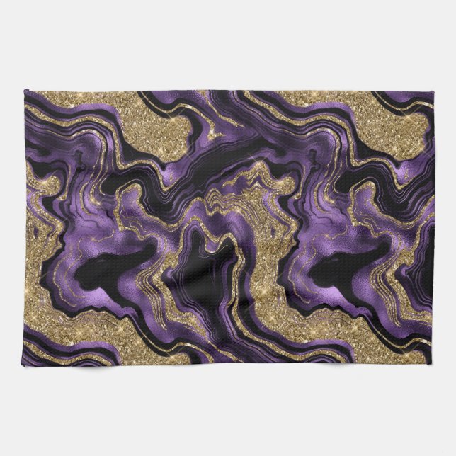 Elegant Purple and Gold Glitter Agate Pattern Tea Towel (Horizontal)