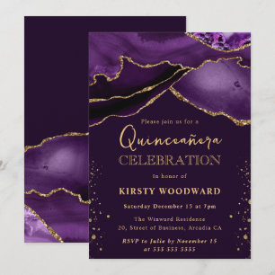 Elegant Purple and Gold Glitter Agate Quinceanera Invitation