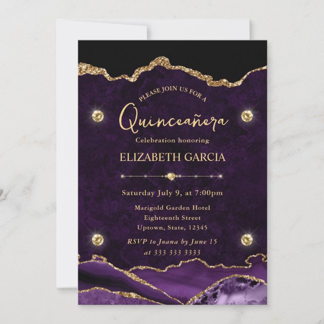 Elegant Purple and Gold Glitter Agate Quinceanera Invitation (Front)