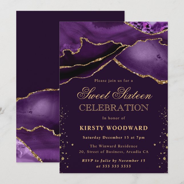 Elegant Purple and Gold Glitter Agate Sweet 16 Invitation (Front/Back)