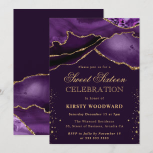 Elegant Purple and Gold Glitter Agate Sweet 16 Invitation