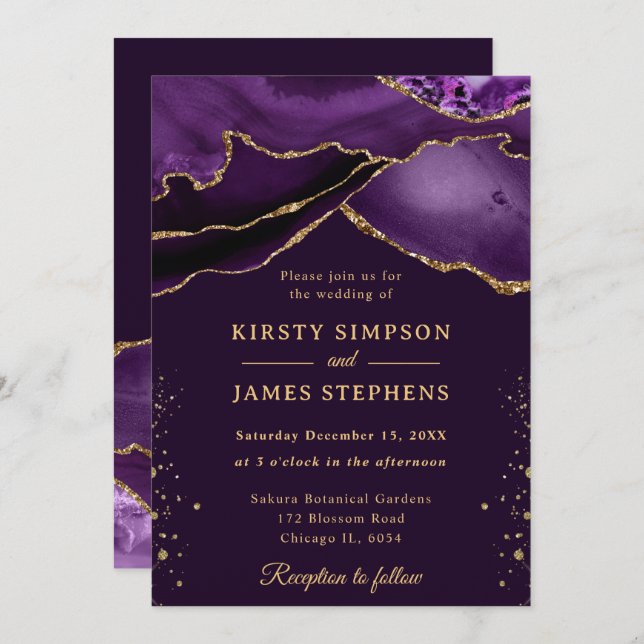 Elegant Purple and Gold Glitter Agate Wedding Invitation (Front/Back)