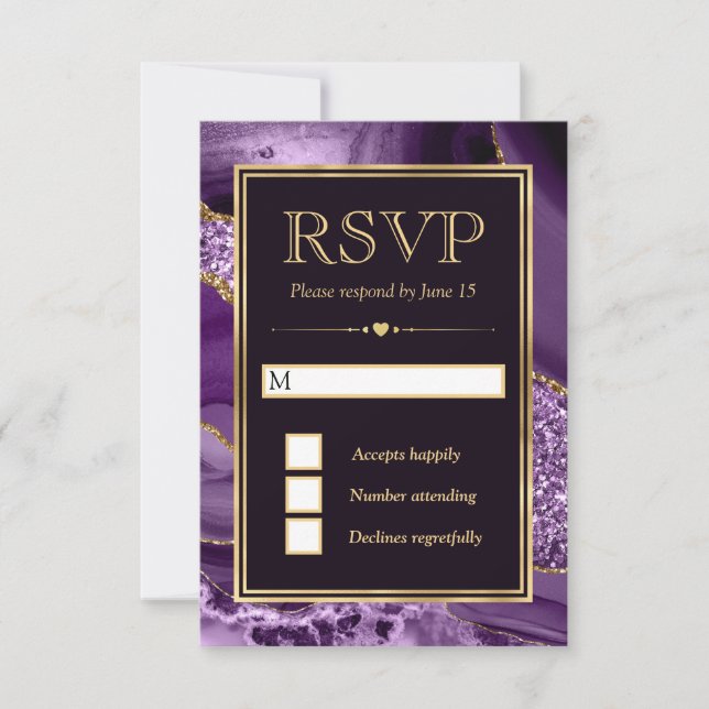 Elegant Purple and Gold Glitter Agate Wedding RSVP Card (Front)