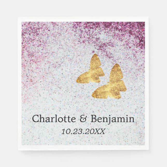 Elegant Purple And Gold Glitter Butterfly Wedding Napkin (Front)