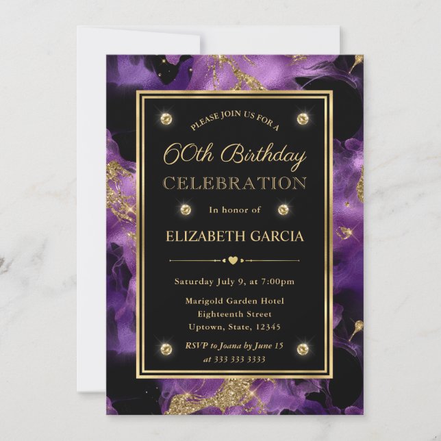 Elegant Purple and Gold Glitter Ink 60th Birthday Invitation (Front)