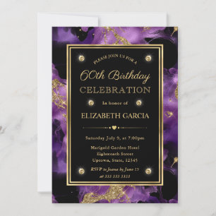 Elegant Purple and Gold Glitter Ink 60th Birthday Invitation