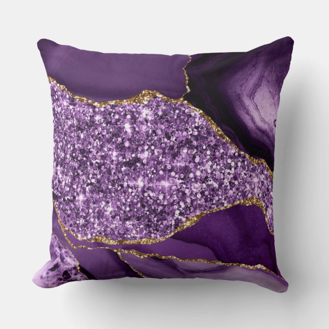 Elegant Purple and Gold Glitter Ocean Agate Cushion (Front)