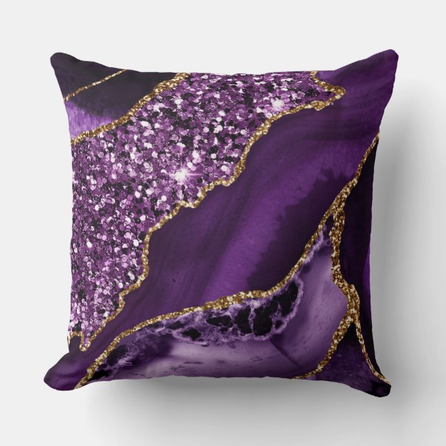 Elegant Purple and Gold Glitter Ocean Agate Cushion (Front)